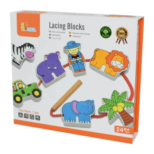 Viga Wooden Educational Toy Lacing Blocks, Zoo Design, 12 Pieces '