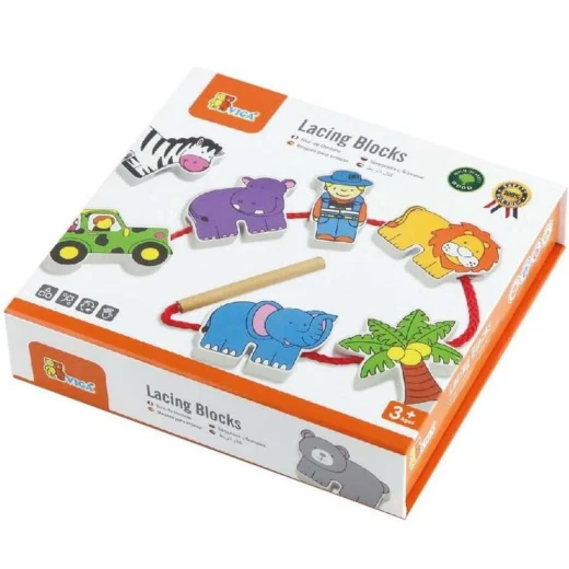 Viga Wooden Educational Toy Lacing Blocks, Zoo Design, 12 Pieces '