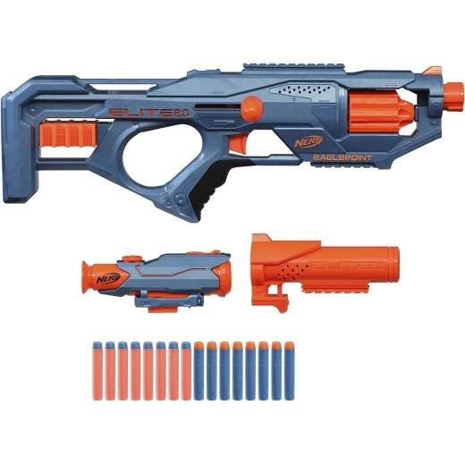 Nerf Elite Eaglepoint Blaster With Detachable Scope And Barrel, 8 Drums