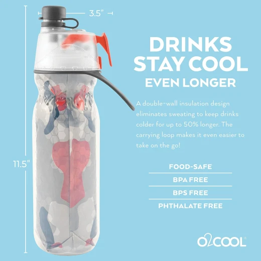 O2COOL Arctic Squeeze Insulated Water Bottle, Red Camo & Gray, 592 ml