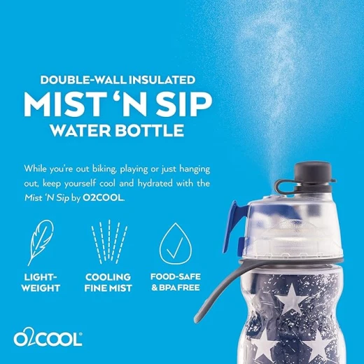 زجاجة ماء O2COOL Mist 'N Sip مع وظيفة الرذاذ والشرب 2 في 1، مزودة بفتحة سحب علوية بدون تسرب، زجاجة ماء رياضية قابلة لإعادة الاستخدام - 20 أونصة (باتريوت)