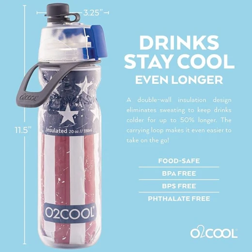 O2COOL Mist 'N Sip Misting Water Bottle 2-in-1 Mist And Sip Function With No Leak Pull Top Spout Sports Water Bottle Reusable Water Bottle - 20 oz (Patriot)