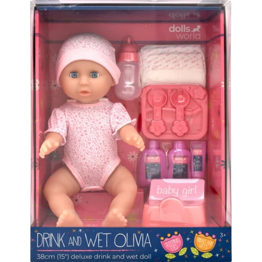 Dolls World | Drink & Wet Olivia Doll With Accessories , 38 cm