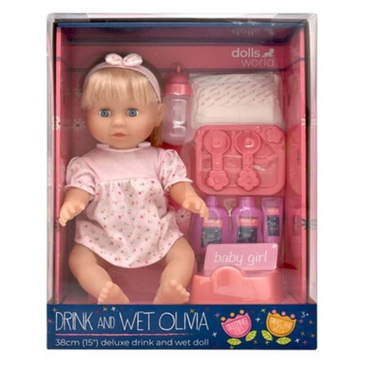 Dolls World | Drink and Wet Olivia Girl Doll with Blonde Hair , 38 cm