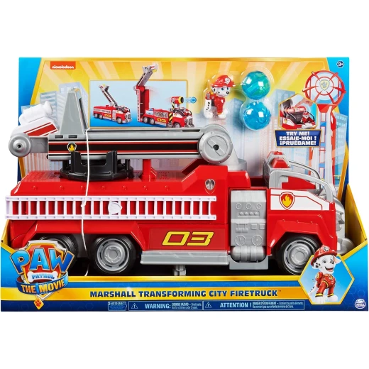 Spin Master | PAW Patrol, Marshall's Transforming Movie City Fire Truck with Extending Ladder, Lights, Sounds and Action Figure'