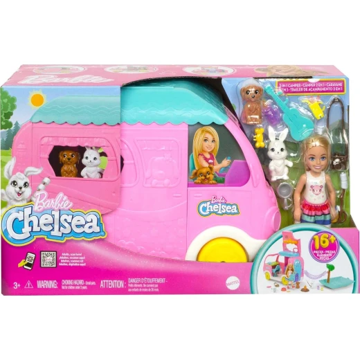 Mattel | Barbie Toy Camper & Chelsea Doll, 2-in-1 Playset with 2 Pets & 15 Accessories