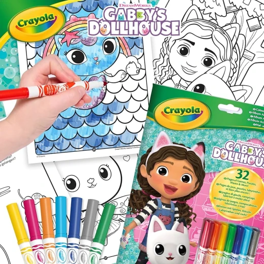 Crayola | Album Activity and Colouring Gabby's Dollhouse, 32 Colouring Pages and 7 Washable Mini Felt Tip Pens